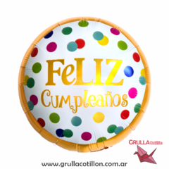 GLOBO FELIZ CUMPLEAÑOS LUNARES MULTICOLOR 18"