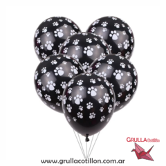 GLOBOS NEGROS ESTAMPADOS HUELLITAS BLANCAS x5