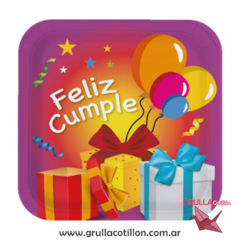 PLATO CUADRADO FELIZ CUMPLE REGALOS Y GLOBOSx8