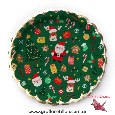 PLATO NAVIDAD OBEJTOS FONDO VERDE x8 - comprar online
