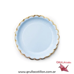 PLATO CELESTE PASTEL ONDAS DORADAS x8