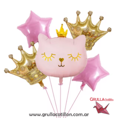 SET 5 GLOBOS GATITO CON CORONA - ROSA