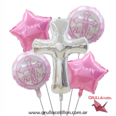 SET 5 GLOBOS CRUZ BAUTIZO ROSA