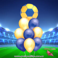 BOUQUET DE GLOBOS CON PELOTA AMARILLA Y AZUL