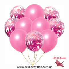 SET GLOBOS CONFETTI ROSA Y PERLADO ROSA x10