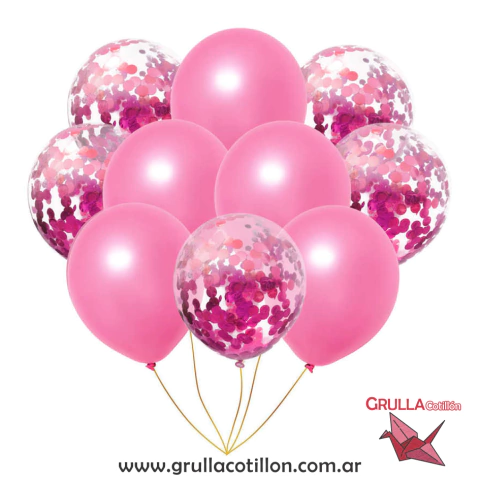 SET GLOBOS CONFETTI ROSA Y PERLADO ROSA x10