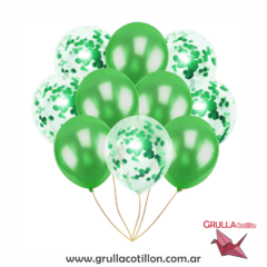 SET GLOBOS CONFETTI VERDE Y PERLADO VERDE x10