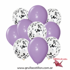 SET GLOBOS CONFETTI NEGRO Y PERLADO LILA x10