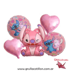 SET 5 GLOBOS STITCH COLOR ROSA CUERPO ENTERO