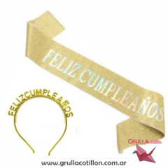 SET VINCHA Y BANDA FELIZ CUMPLEAÑOS - DORADO
