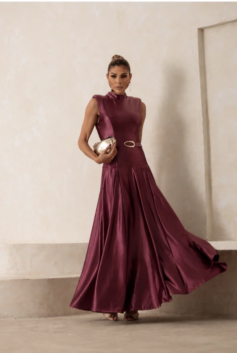 VESTIDO LONGO ACETINADO COM CINTO BRONZE