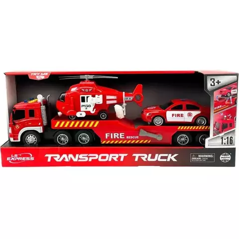 Caminhão Reboque Bombeiros Com Carrinho e Helicóptero Mega City Com Som e Luz - R3620 Bbr Toys