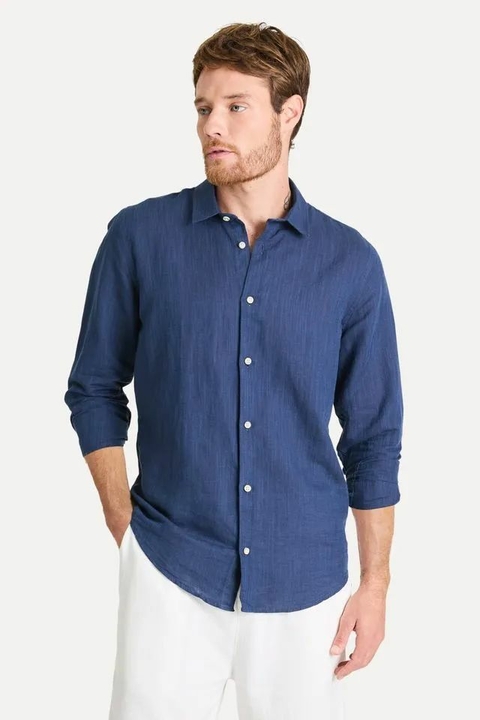 Simples Reserva Camisa Masculina De Linho Manga Longa 0083960 Azul Marinho