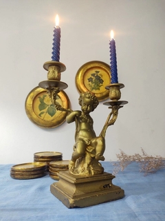 Candelabro portavela con Figura de Querubin Petit Bronce 2 velas