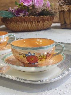 Duo de Te en Porcelana oriental pintado a mano naranja con flores - comprar online
