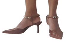 2442442 G MULE COM DETALHE DOURADO SALTO FINO VERNIZ MANCHADO CARAMELO - comprar online