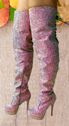 740116 P BOTA OVER THE KNEE MEIA PATA E SALTO FINO GLITTER FRUTACOR AZUL - Au Bottier