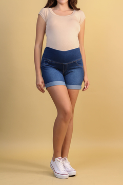 Short jeans gestante barra dobrada jeans escuro - loja online