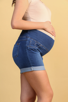 Short jeans gestante barra dobrada jeans escuro na internet