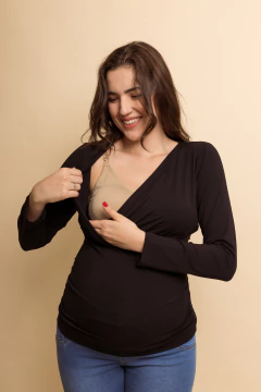 Blusa gestante e amamentação drapeada manga longa - verde - loja online