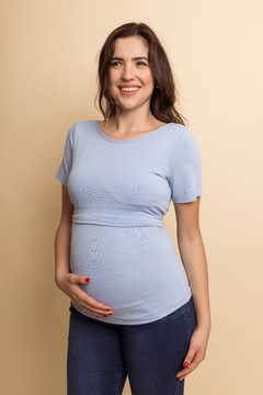 Blusa gestante frente dupla amamentação azul claro