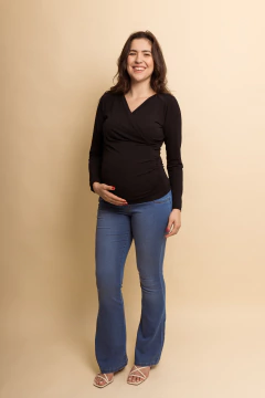 Blusa gestante e amamentação drapeada manga longa - verde