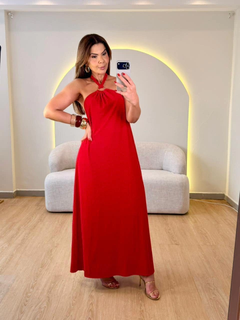 VESTIDO LONGO AMPLO AMARRAÇÃO NO PESCOÇO - comprar online