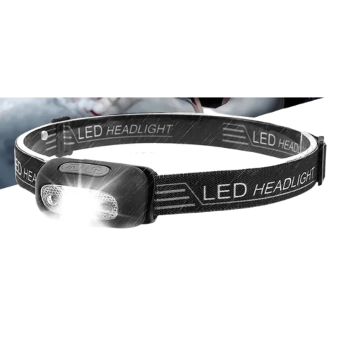 Linterna LED recargable blanca con tres modos de iluminación y banda ajustable.