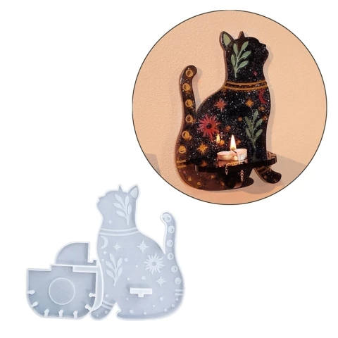 MOLDE SILICONA PORTA VELA Y COLLARES DE PARED GATO CON FLORES LUNA Y SOL