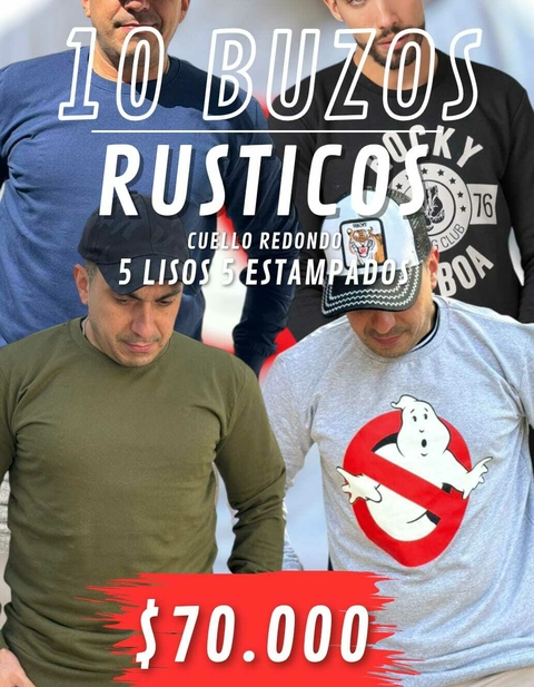 5 Buzo Rústico C/R Estampados + 5 Buzo Rust. Liso C/R