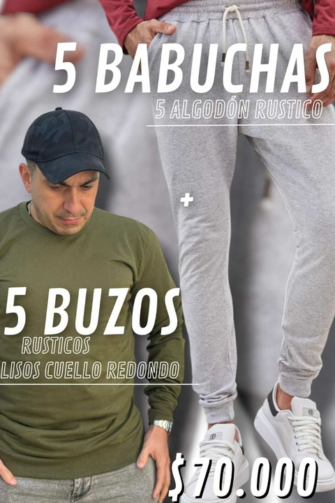PACK 5 Buzo Rusticos C/R Liso + 5 Babuchas Rusticas