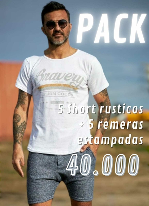 Pack 5 Short Rustico Liso + 5 Remeras Estampadas