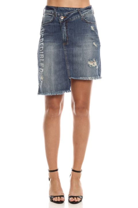 Saia Curta Assimétrica Jeans Estampada