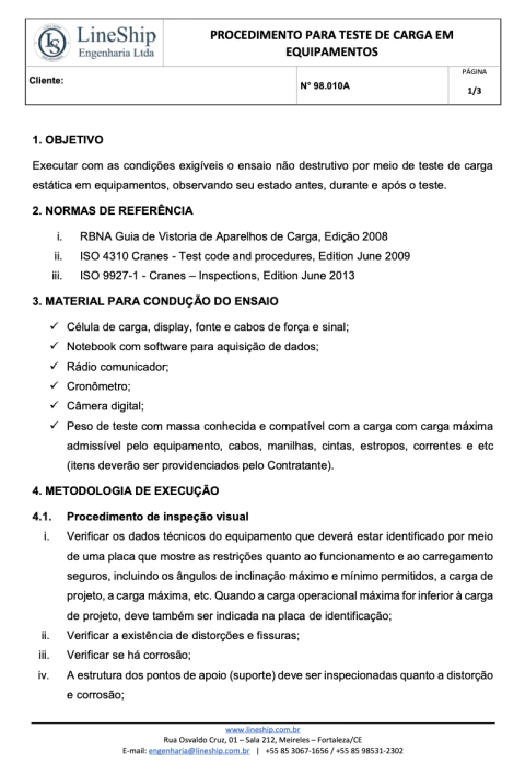 Procedimento para Teste de Carga em Equipamentos