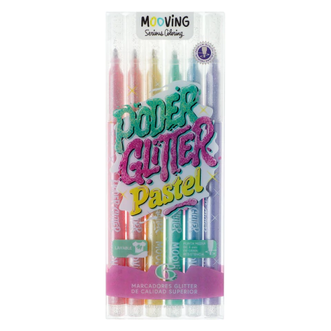 MARCADOR MOOVING X 6 COLORES GLITTER PASTEL COLORING