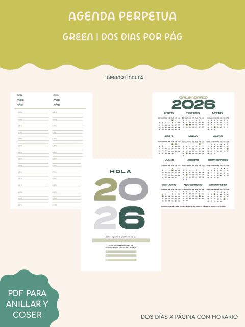 Agenda Green Perpetua - Dos días por pág. - Imprimible - comprar online