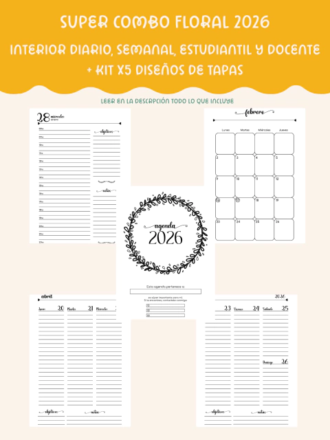 Combo Agendas 2026 - Floral - imprimible - comprar online