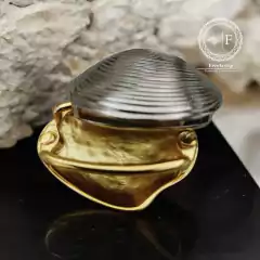 Fivela de biquini modelo meia concha em metal, com acabamento dourado e prateado.