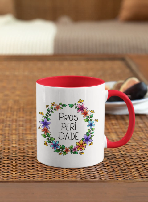 Caneca Porcelana com alça e interior colorida PROSPERIDADE