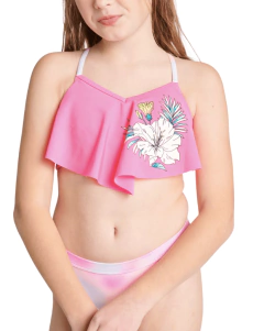 Malla "Justice" - Bikini rosa con volado y flor grande - comprar online