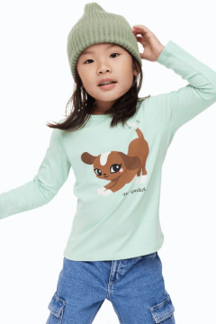 Remera H&M - Manga larga, verde agua con perrito - comprar online