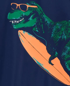Remera UV "Carter´s" - Azul manga larga con dino verde con tabla de surf - comprar online