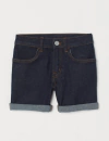 Short "H&M" - De jean, azul oscuro con pespuntos de color, elastizado