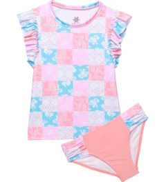 Malla "Pipeline" - 2 piezas, remera UV manga corta con volados rosa, celeste y blanco