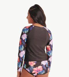 Malla "Justice" - Remera UV manga larga + bombacha negra con flores de colores - Lupeluz