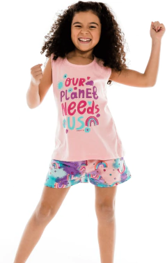 Pijama "Marienitas" - Musculosa rosa + short multicolor arco iris