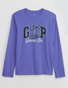 Remera "GAP". Violeta, manga larga, con logo estampado dinosaurio