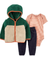 Conjunto "Carter´s" - 3 piezas campera bouclé beige y verde + body + pantalón simil jean