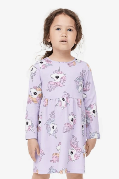 Vestido H&M - De algodón manga larga, lila con unicornios - Lupeluz
