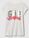 Remera "Gap" - Blanca con logo estampado en plateado y flores rosas